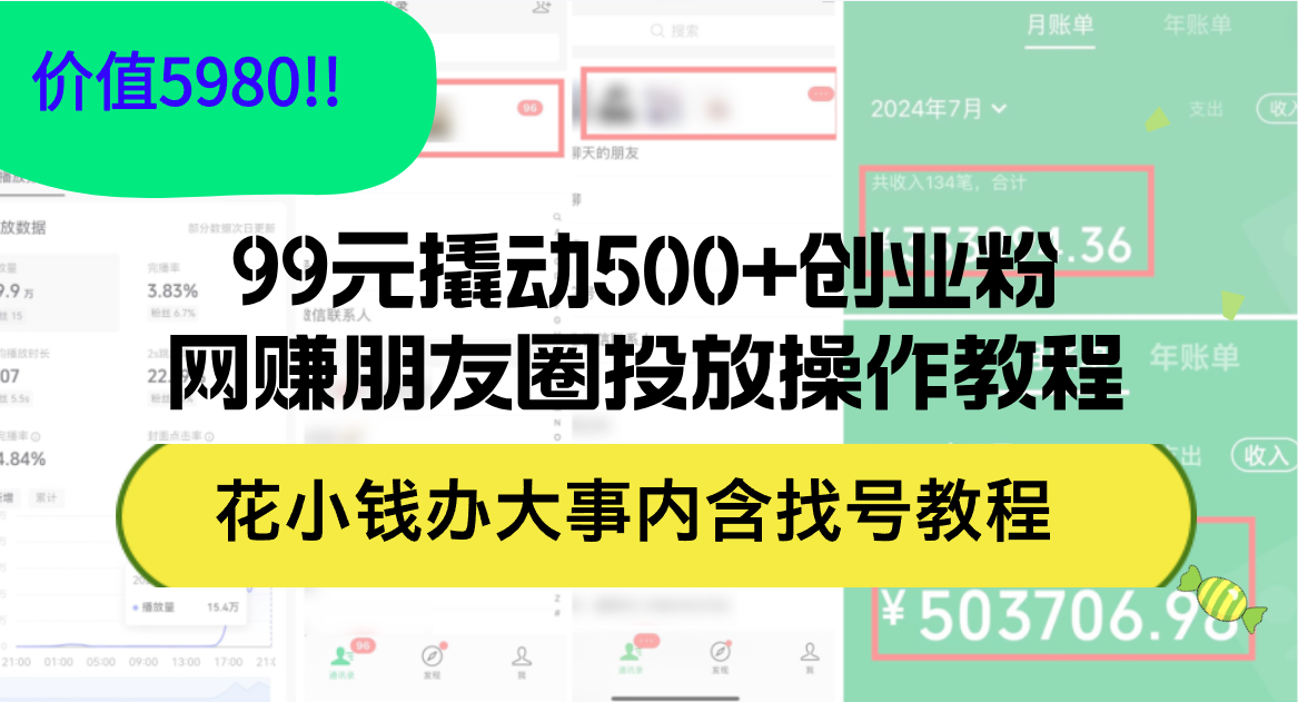 （12431期）99元撬动500+创业粉，网赚朋友圈投放操作教程价值5980！花小钱办大事内…-必智轻创社