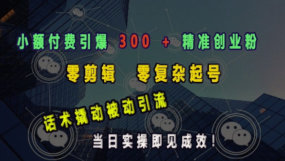 小额付费引爆 300 + 精准创业粉，零剪辑、零复杂起号，话术撬动被动引流，当日实操即见成效-必智轻创社